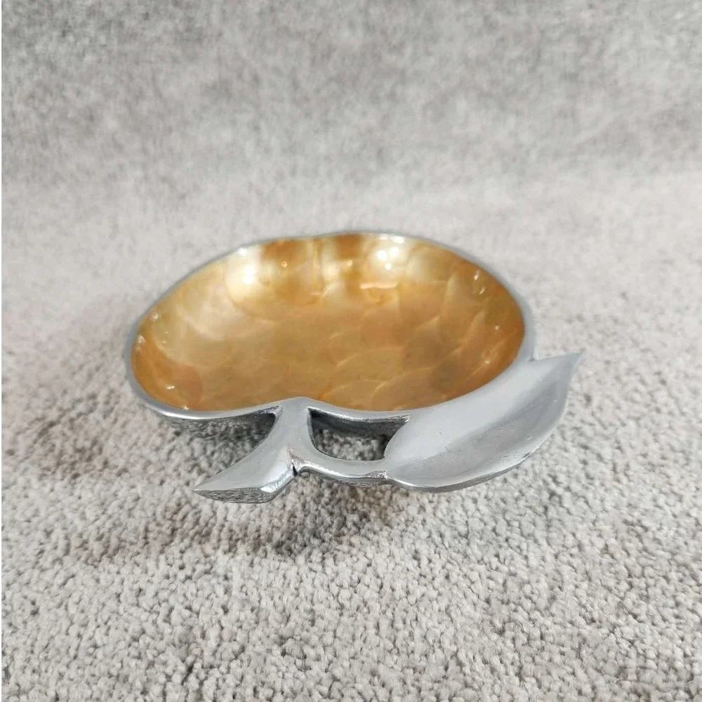 Gold Apple‎ Shaped Bowl Silver Bottom Scalloped Metal Trinket Dish